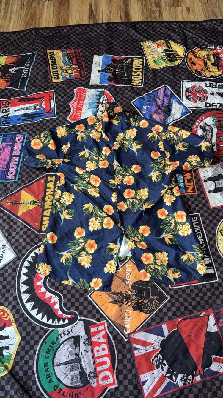 Men's Navy Blue Sunflower Tropical Hawaiian Print Button Down Shirt